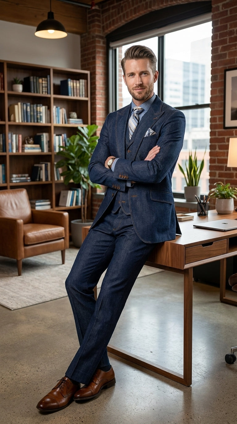 Men’s Pleated Pants Dark Blue Denim 3 Piece Suit – 100% Cotton Formal Suit Set, Blazer Vest Pants Outfit Classic Fit Athletic Fit Lose Fit - 34 Short or Extra Small