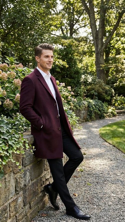 Mens Burgundy Mid-Length Overcoat Classic Fit Wool Blend Dress Coat Three Quarter Carcoat Topcoat