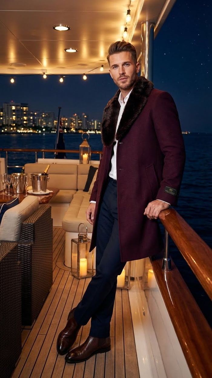 Mens Burgundy Three Quarter Coat with Faux Fur Collar Overcoat Luxury Winter Outerwear Three Quarter Carcoat Topcoat