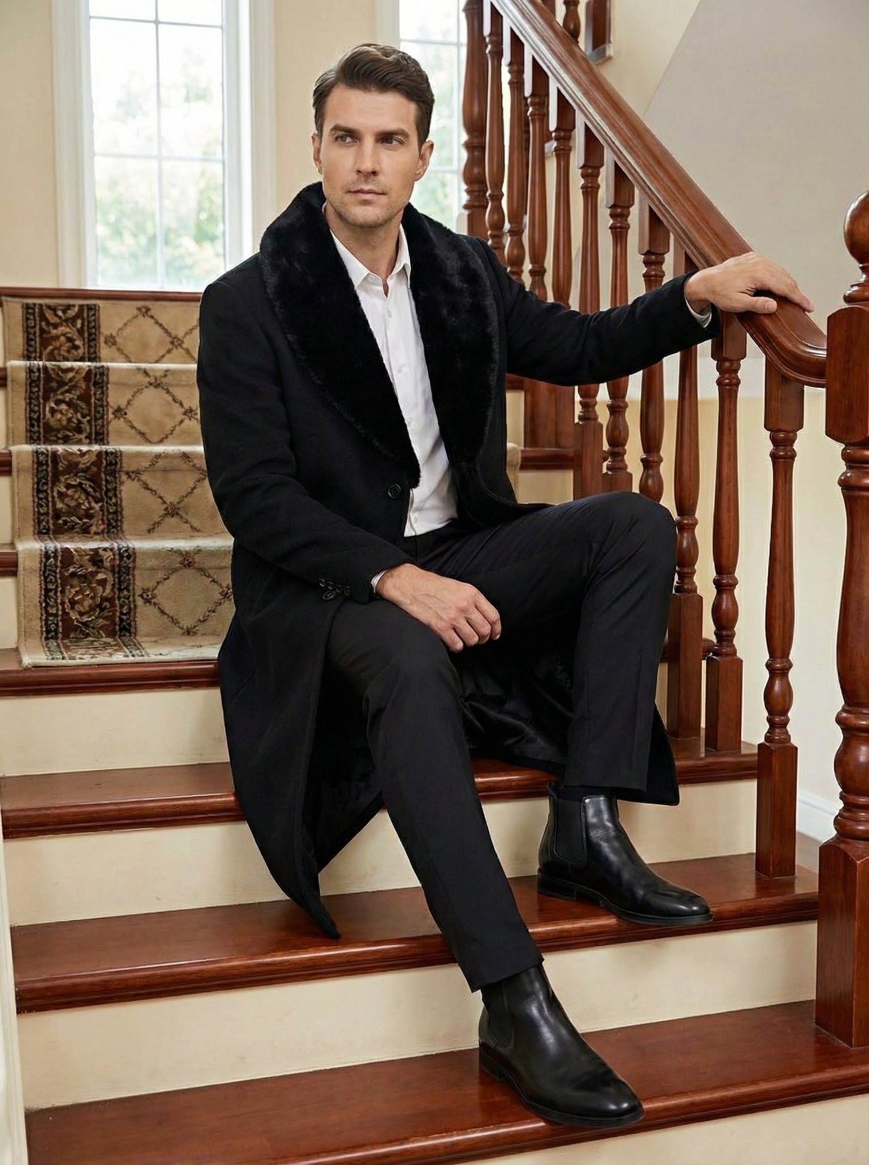 Men’s Black Long Overcoat with Faux Fur Collar, Full Length Winter Topcoat for Formal and Business Wear - Coat Size 38