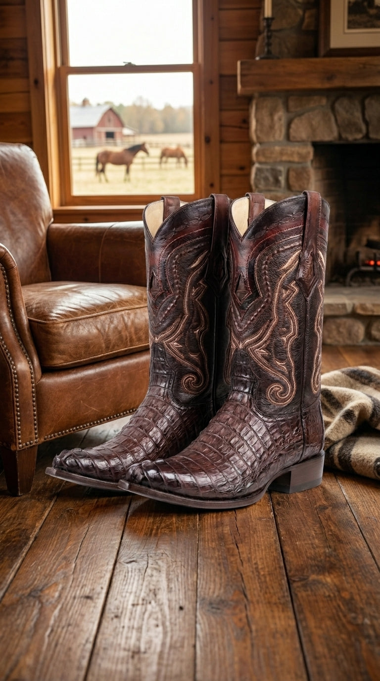 Men’s Los Altos Faded Brown Caiman Tail Cowboy Boots with Pointed Toe, Western Dress Boots