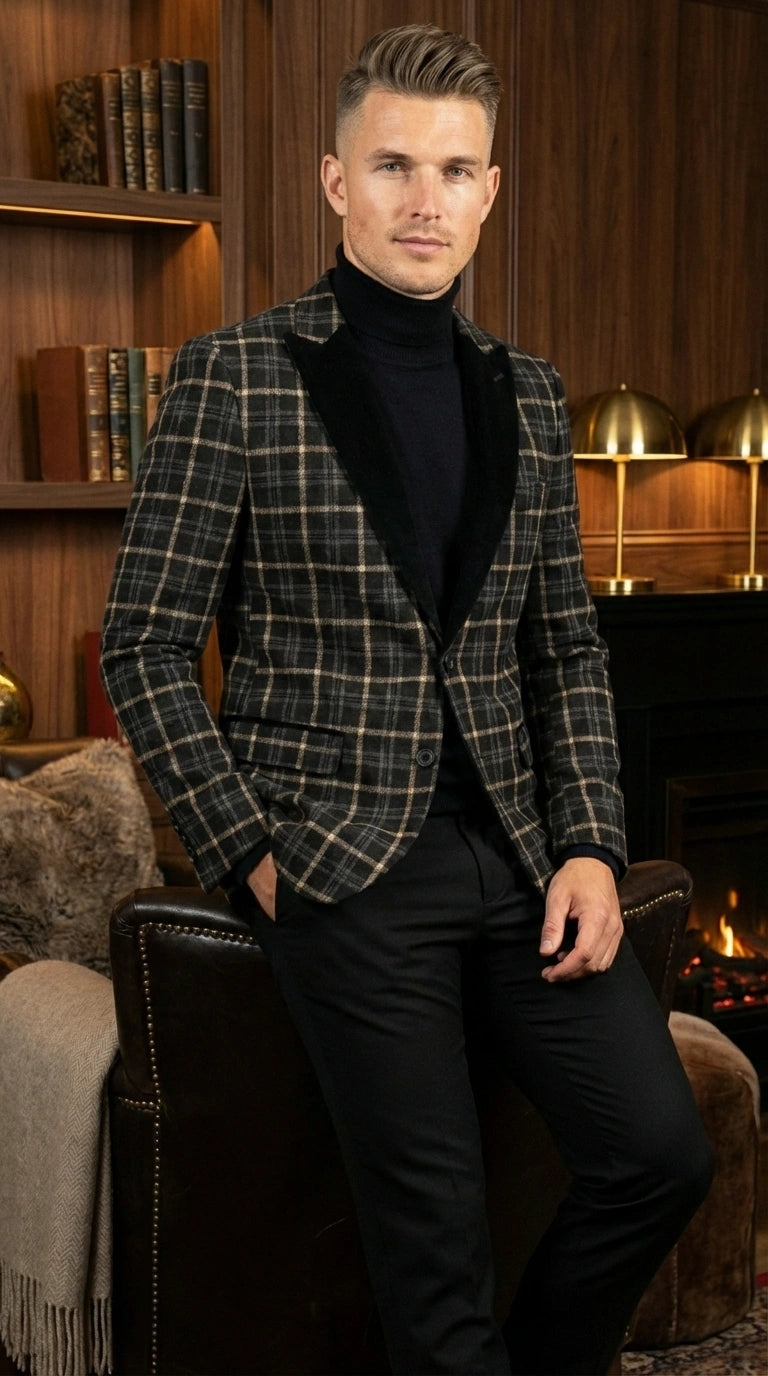 Mens Tartan Black and Gold Check Blazer – Windowpane Plaid Sport Coat Velvet Lapel Formal Party Jacket Chirsitmas New Year Holiday Jacket - 36 Short