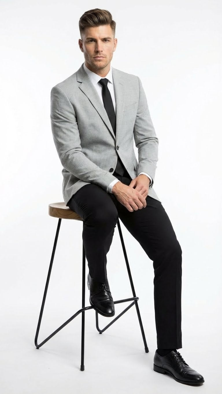 Men’s Light Grey Slim Fit Blazer Sport Coat with Black Pants | Premium Formal and Smart Casual Outfit - 36 Short