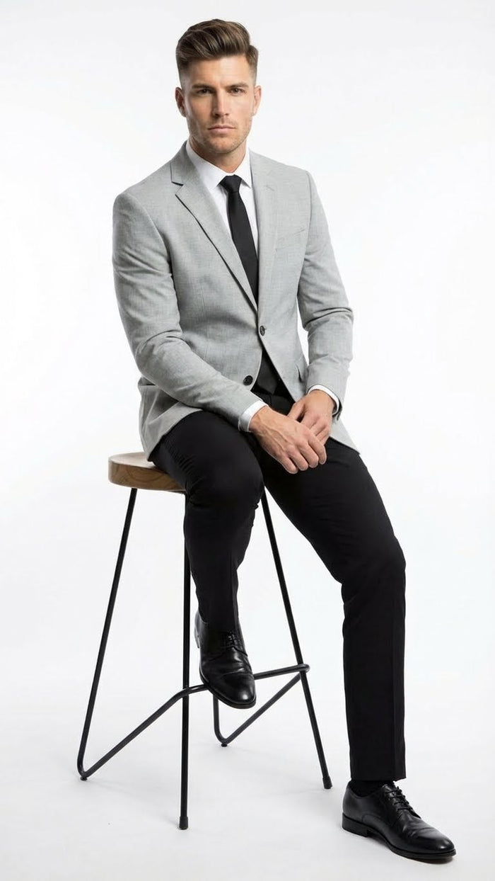 Mens Light Grey Slim Fit Blazer Sport Coat with Black Pants | Premium Formal and Smart Casual Outfit
