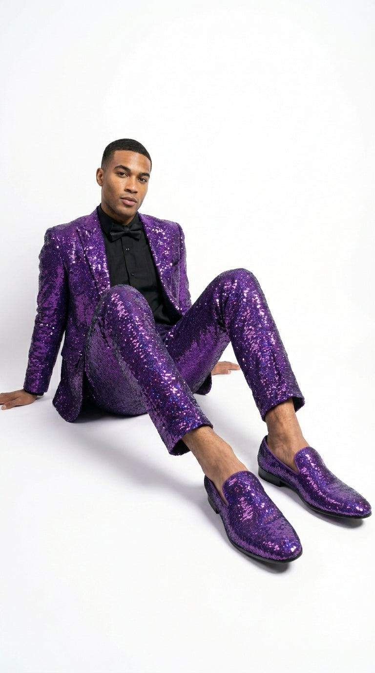 Mens Purple Sequin Dress Shoes Slip on  – Luxury Slip On Formal Loafers Wedding Prom Party Designer Footwear - 6 Standard / D / Medium