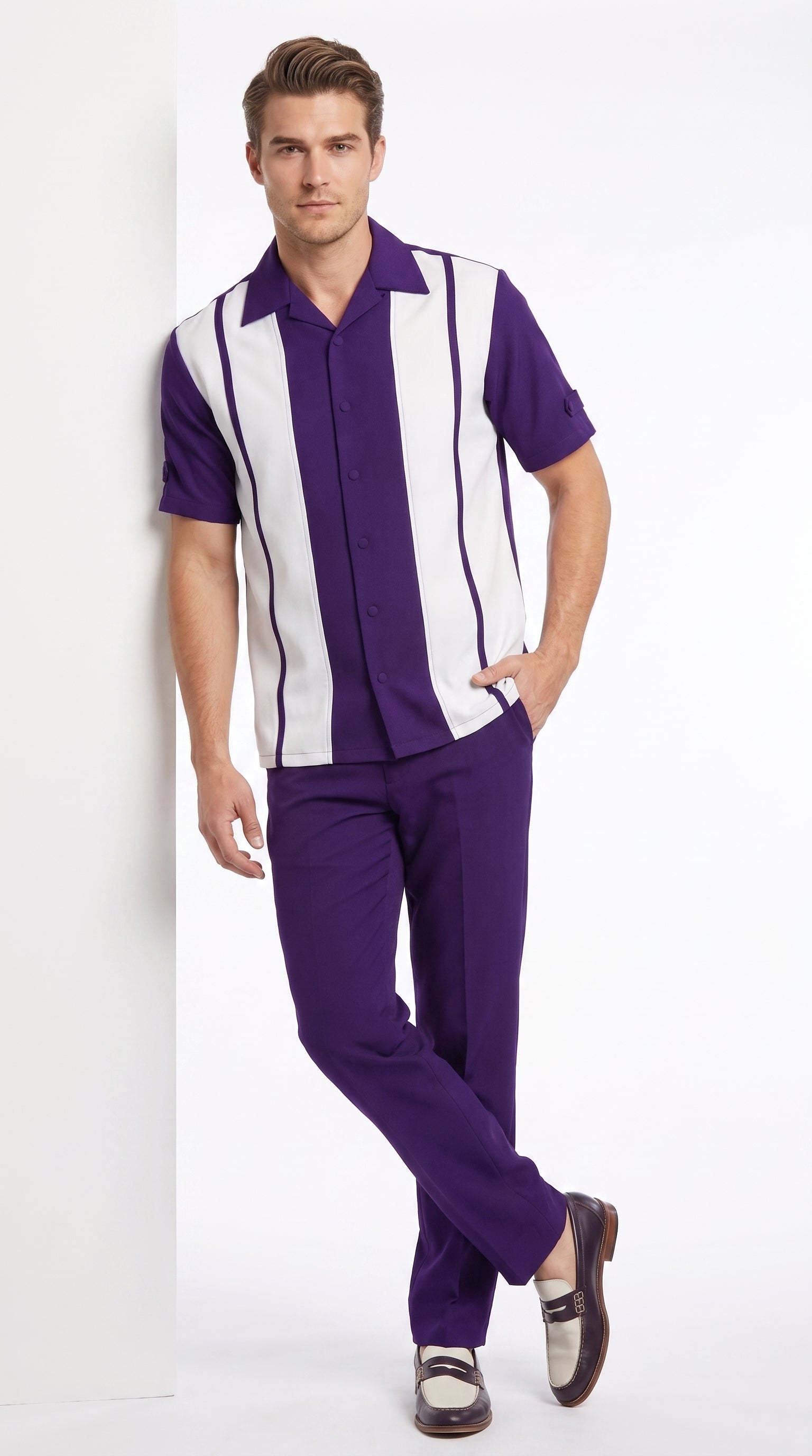 Men’s Purple and White Walking Suit – 2-Piece Short Sleeve Casual Leisure Outfit - Small