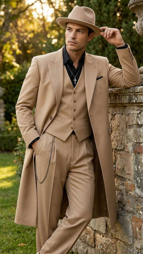 Mens 1920s Beige Zoot Suit Long Mafia Gangster Three-Piece Suit in Tan Khaki Color 40 inch Zuit Pachuco Suit