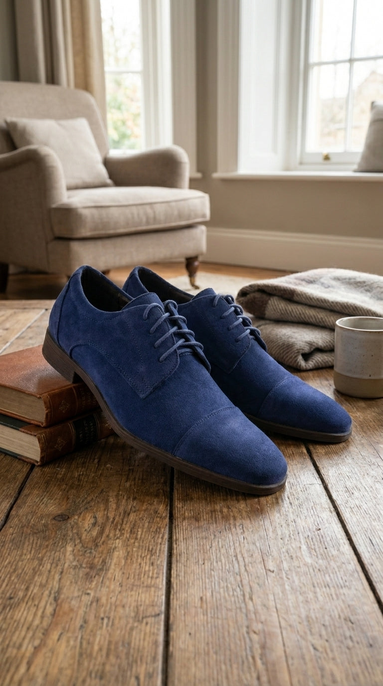 Men’s Navy Blue Suede Cap Toe Dress Shoes – Classic Lace Up Formal Wedding and Prom Shoes Velvet Fabric - 6 Standard / D / Medium