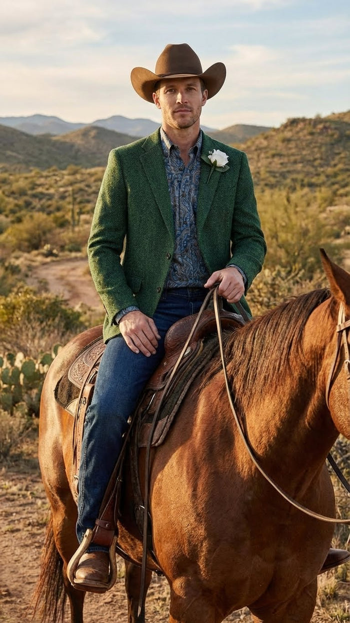 Mens Green Western Blazer Jacket Classic Cowboy Style Sport Coat for Wedding, Party and Formal Events