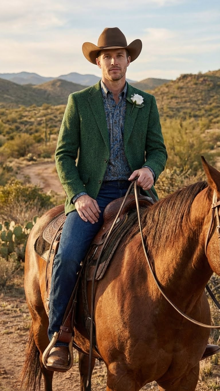 Mens Green Western Blazer Jacket Classic Cowboy Style Sport Coat for Wedding, Party and Formal Events
