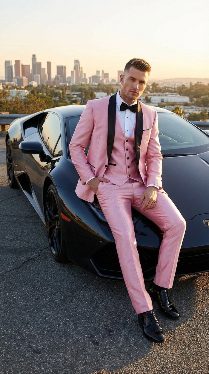 Mens Blush Pink Shiny 3 Piece Suit with Black Shawl Lapel | Light Pink Prom Suit Sharkskin Fabric - Ultra Slim Fit