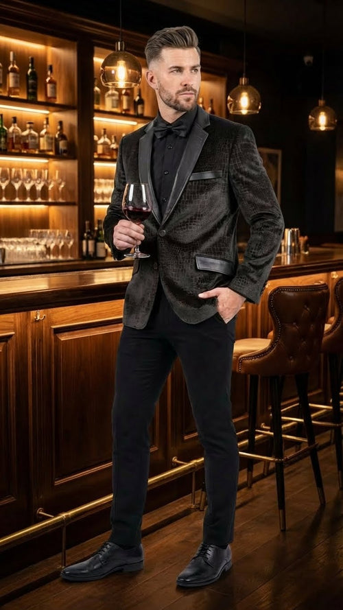 Mens Crocodile Alligator Exotic skin Texture Blazer Slim Fit Designer Jacket with Satin Lapels for Formal and Party Wear in Black Color