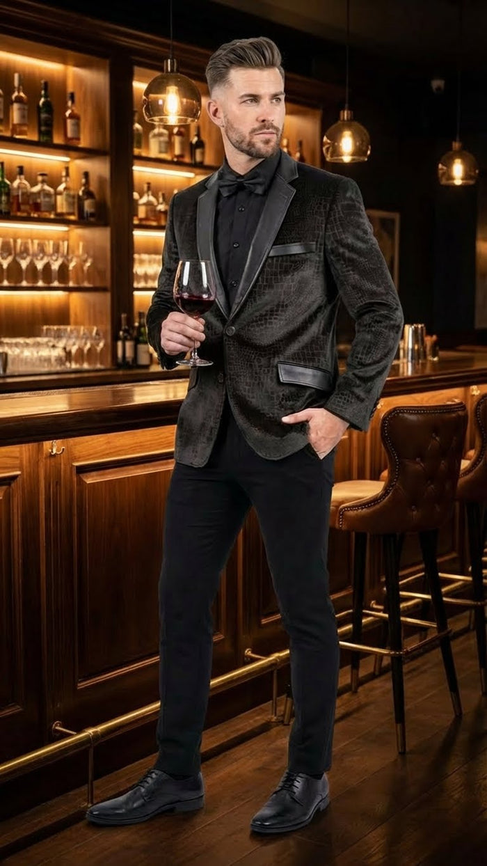 Mens Crocodile Alligator Exotic skin Texture Blazer Slim Fit Designer Jacket with Satin Lapels for Formal and Party Wear in Black Color