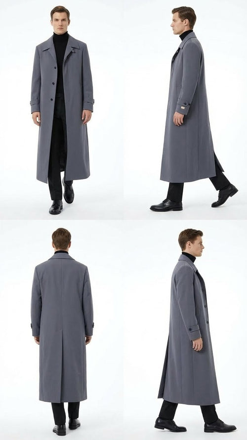 Mens Full-Length Charcoal Grey Overcoat Premium Microfiber Blend Long Dress Coat for Winter and Formal Wear in Gray Color
