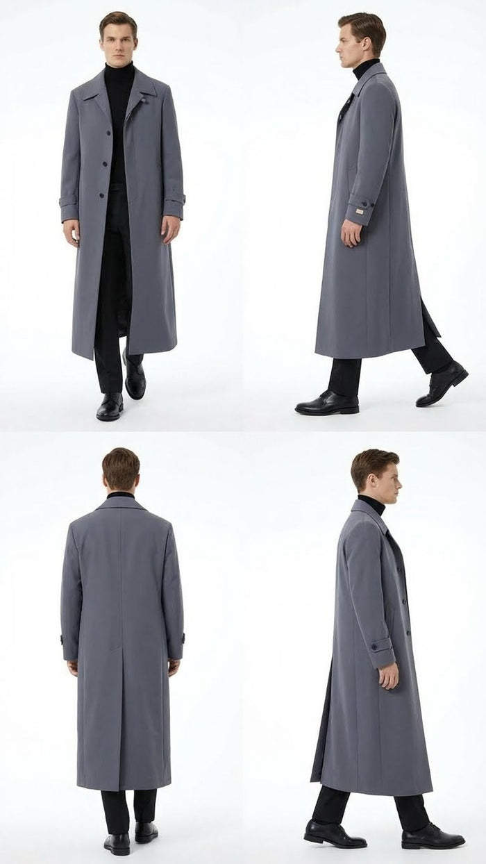 Mens Full-Length Charcoal Grey Overcoat Premium Microfiber Blend Long Dress Coat for Winter and Formal Wear in Gray Color