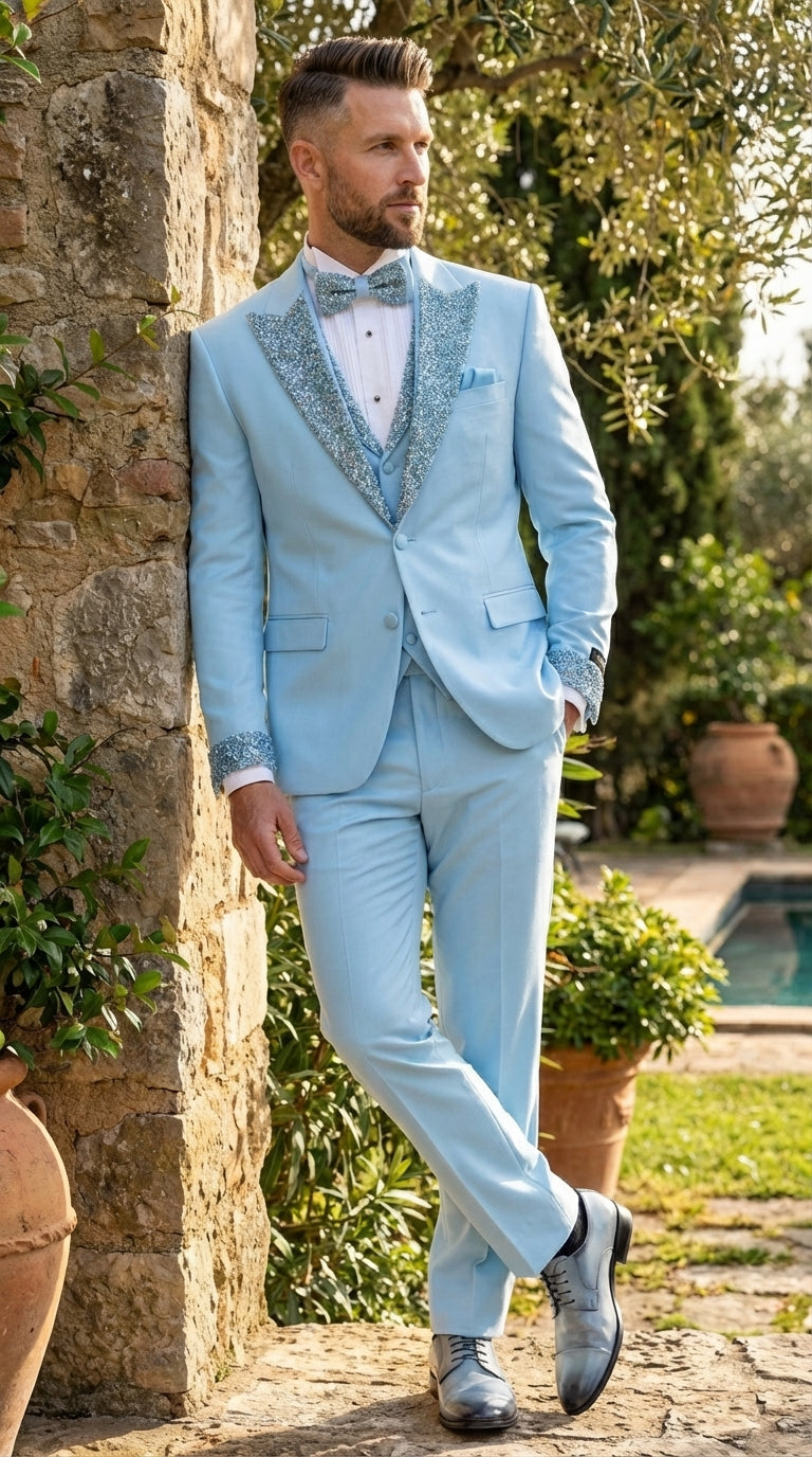 Mens Light Blue 3 Piece Prom Tuxedo – Sky Blue Formal Suit with Sequin Lapel Wedding Party Tuxedo Set in Baby Blue - 34 Short or Extra Small
