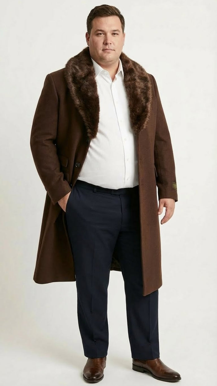 Mens Brown Long Overcoat with Faux Fur Collar Classic Winter Formal Coat Three Quarter Carcoat Wool and Cashmere Fabric