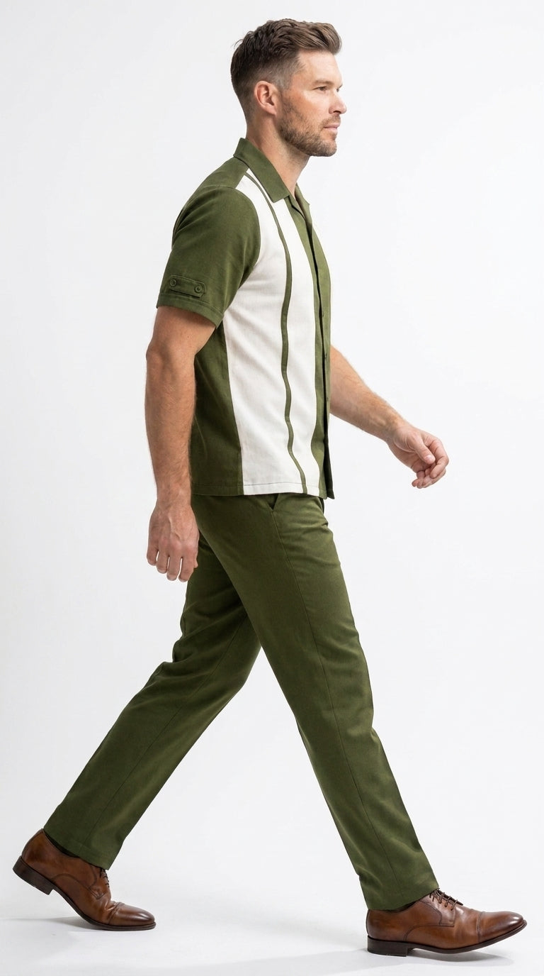 Men’s Olive Green and White Walking Suit – 2-Piece Short Sleeve Casual Leisure Outfit - Small