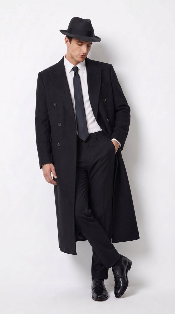 Men’s Godfather Black Double-Breasted Long Overcoat – Vintage Mobster Gangster Coat