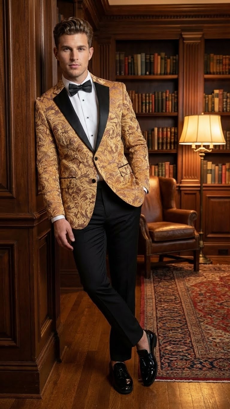 Men’s Yellow Gold Baroque Pattern Tuxedo Blazer Suit – Party and Wedding Jacket Prom Paisley Black Pants - 36 Short