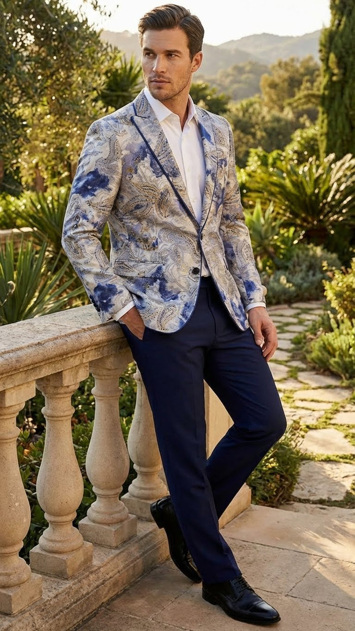 Mens Navy Blue and Gray Paisley Print Blazer Prom Jacket for Formal, Party, and Evening Wear