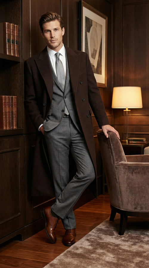 Mens Brown Long Overcoat Double Breasted Classic Formal Winter Coat for Business, Topcoat and Cold Weather Wear