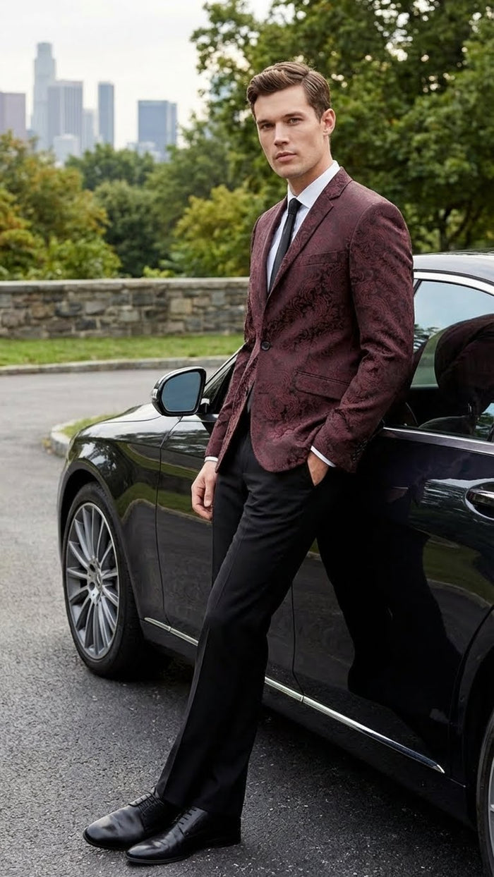 Mens Burgundy Paisley Blazer Sport Coat Velvet Dinner Jacket floral in Maroon Wine Color Ultra Slim Fit Smoking Jacket