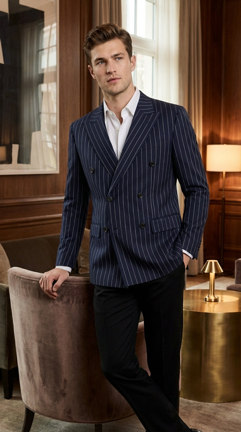 Mens Navy Blue Pinstripe Double Breasted Blazer Sport Coat – Classic Formal Business Jacket for Party and Smart Casual Wear - 36 Short