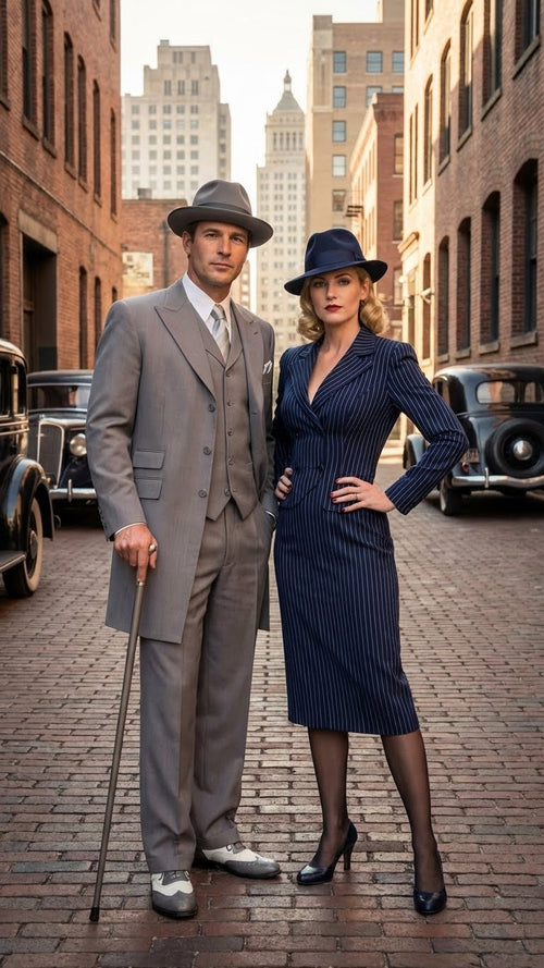 Mens Gray Zoot Suit with Matching Hat and 1920s Shoes | Grey Vintage Wedding and Party Three Piece Suit