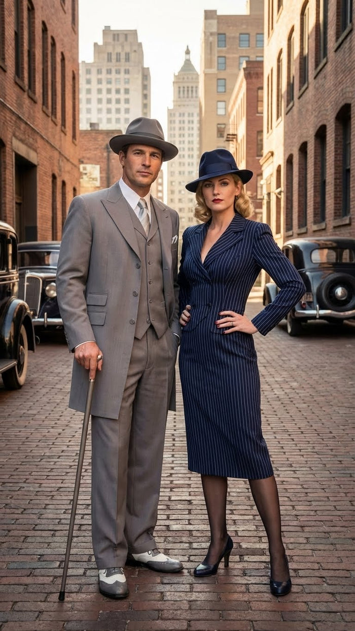 Mens Gray Zoot Suit with Matching Hat and 1920s Shoes | Grey Vintage Wedding and Party Three Piece Suit