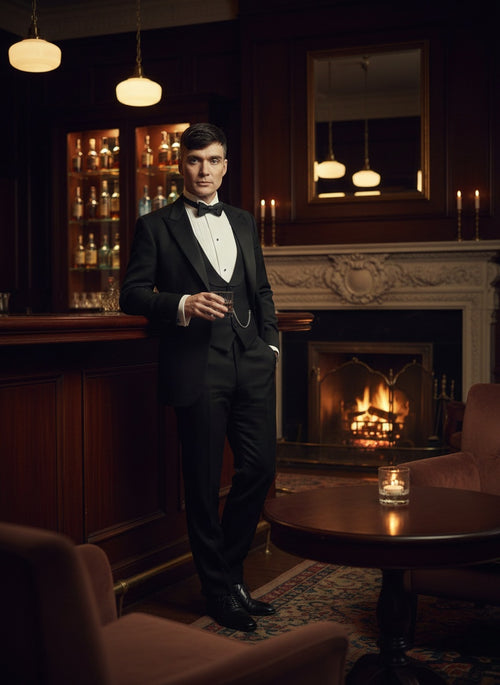 Mens Black Peaky Blinders Style Three-Piece Tuxedo Suit Classic Formal Suit with Blazer and Waistcoat Peak Lapel 1920s Style
