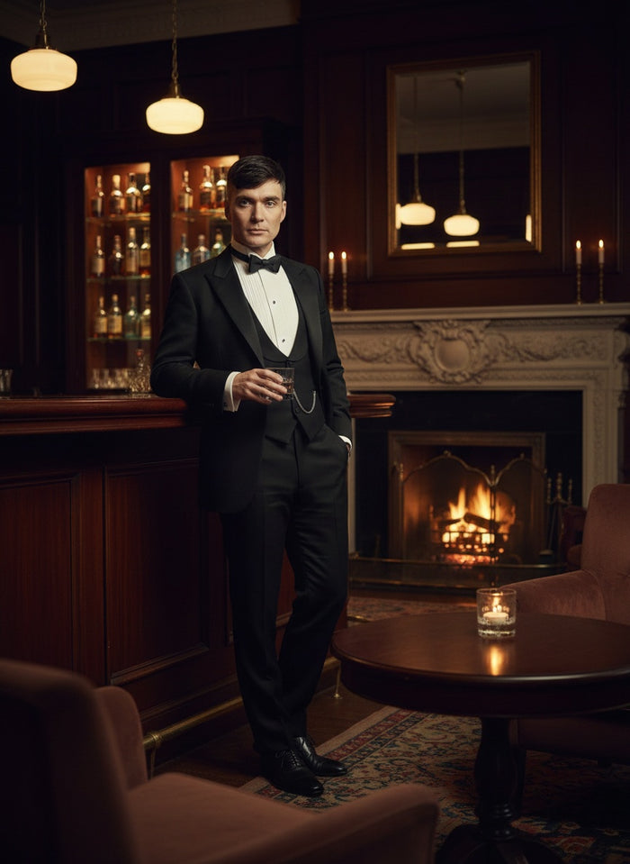 Mens Black Peaky Blinders Style Three-Piece Tuxedo Suit Classic Formal Suit with Blazer and Waistcoat Peak Lapel 1920s Style