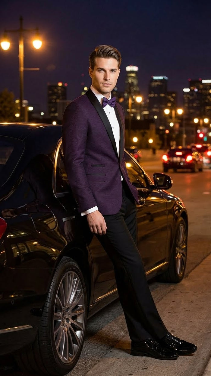 Mens Eggplant Plum Purple Tuxedo Blazer with Satin Lapel, White Tuxedo Shirt and Matching Purple Bow Tie - Slim Fitted - Prom wedding Suit With Pants