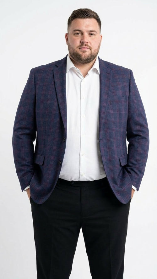 Mens Big and Tall Navy Blue with Burgundy Plaid Jacket and Sport Coat Wool Blazer