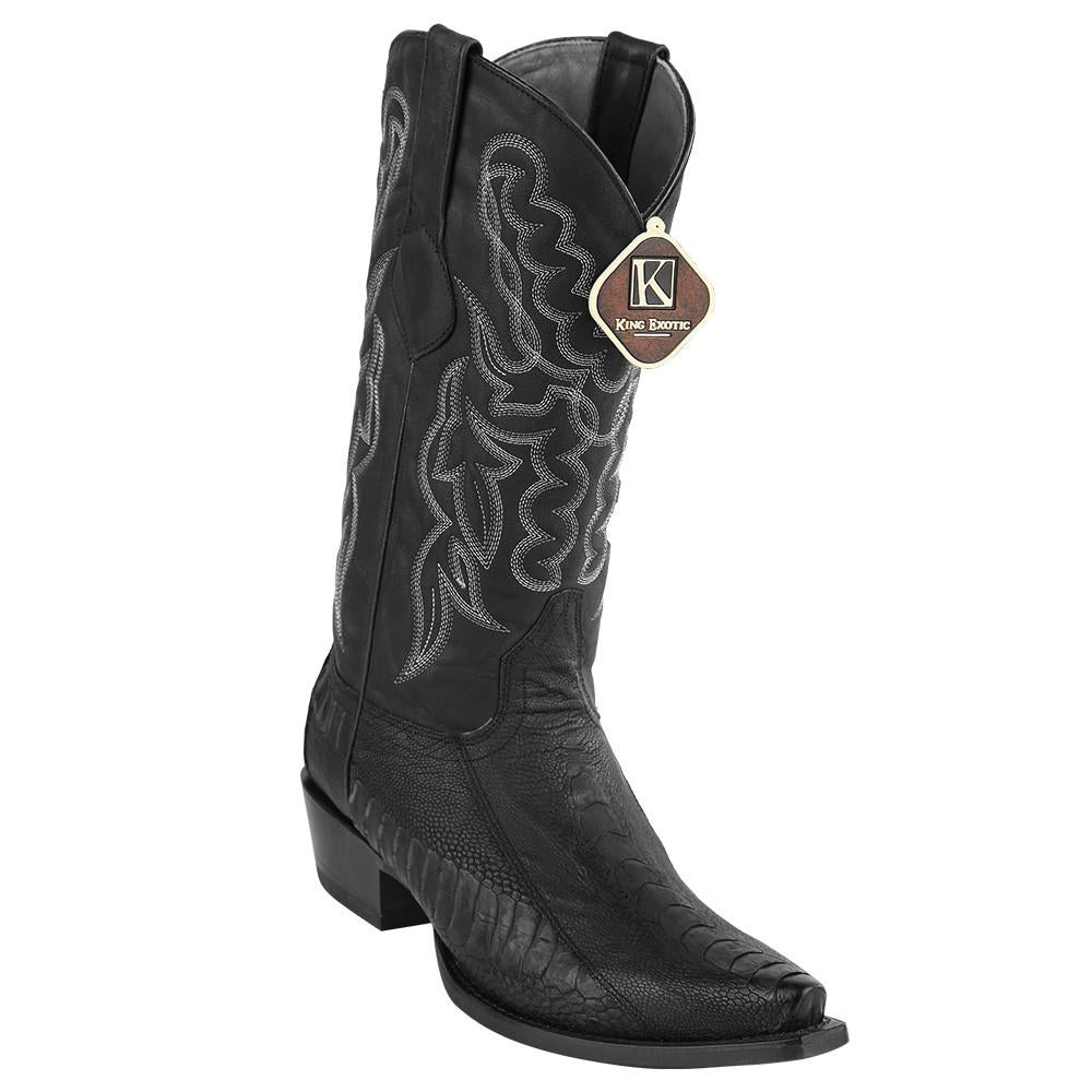 King Exotic Men's Ostrich Leg Grasso Western Snip Toe Boots - Black
