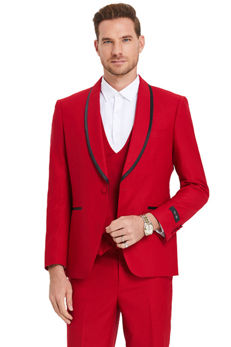 "Red Birdseye Men's Shawl Tuxedo with Black Satin Trim - One Button Vested"