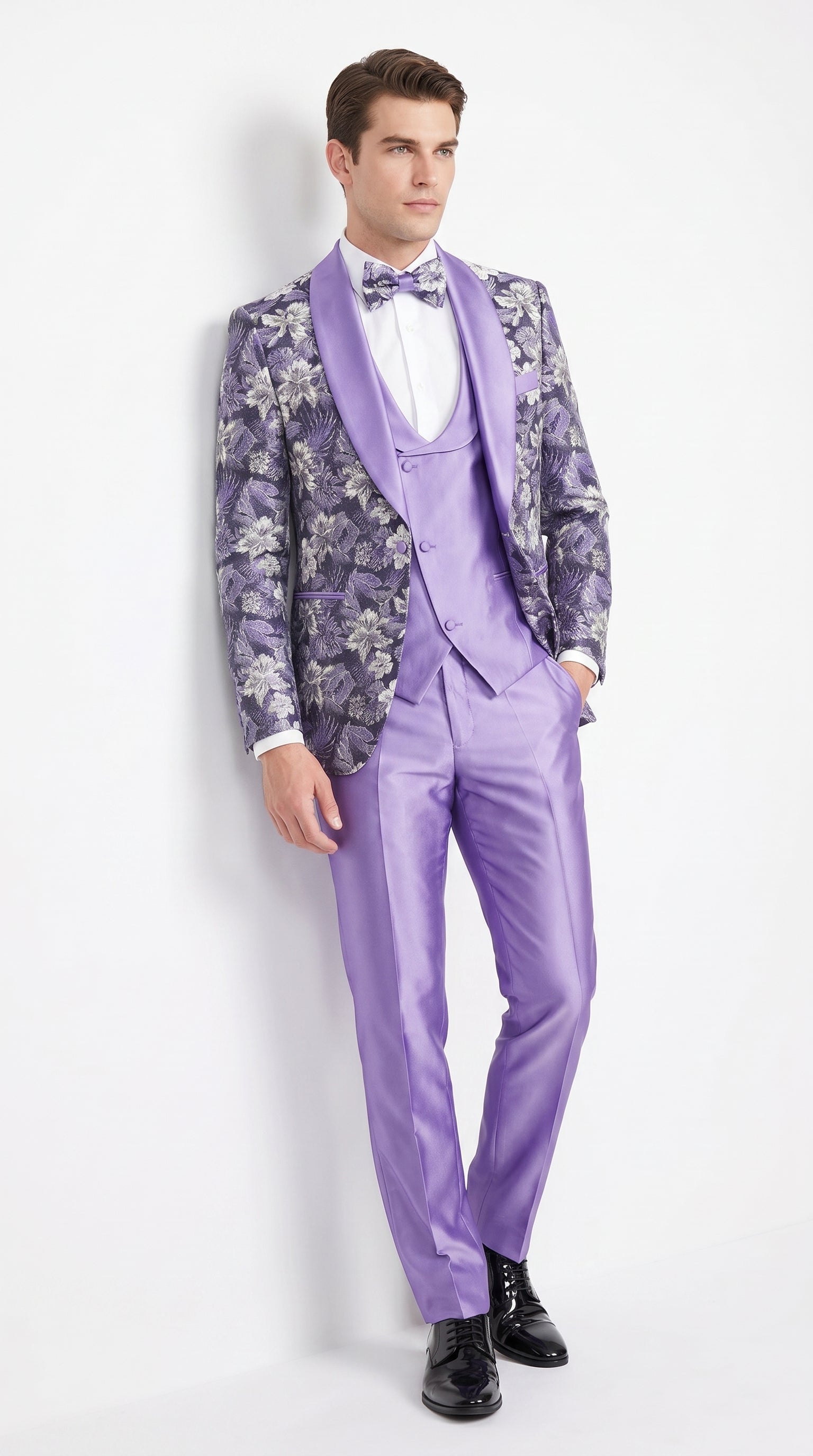 Men’s Lilac Lavender Prom Suit – Floral Shawl Lapel 3 Piece Tuxedo with Matching Vest and Pants - 34 Short or Extra Small