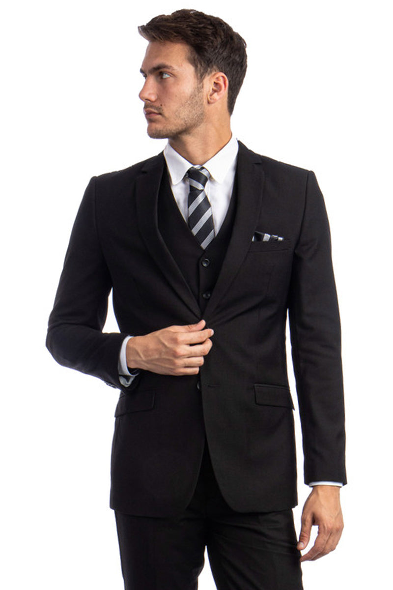 "Black Hybrid Fit Vested Suit for Men - Two Button Basic Style"