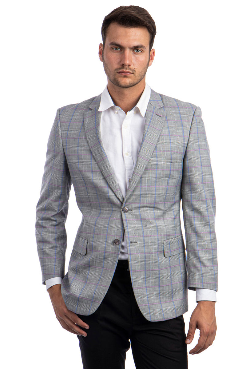 "Regular Fit Men's Sport Coat - Two Button, Light Grey with Blue & Pink Plaid" - 38 Short