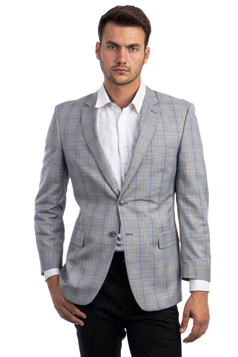 "Regular Fit Men's Sport Coat - Two Button, Light Grey with Blue & Pink Plaid"