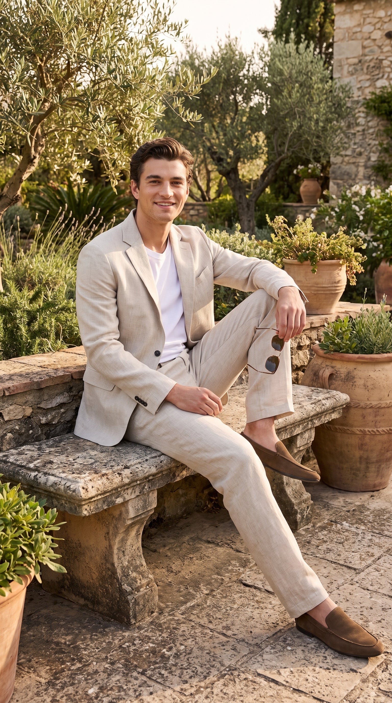 Men’s Informal Summer Suit, Light Beige Casual Linen Style Blazer and Pants Set - 34 Short or Extra Small