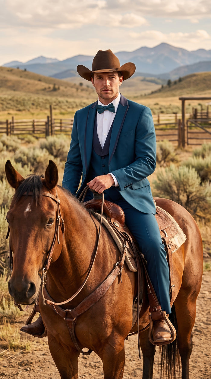 Men’s Teal Blue Western Tuxedo Suit, 3 Piece Cowboy Formal Wedding Prom Suit with Black Shawl Lapel Saphire