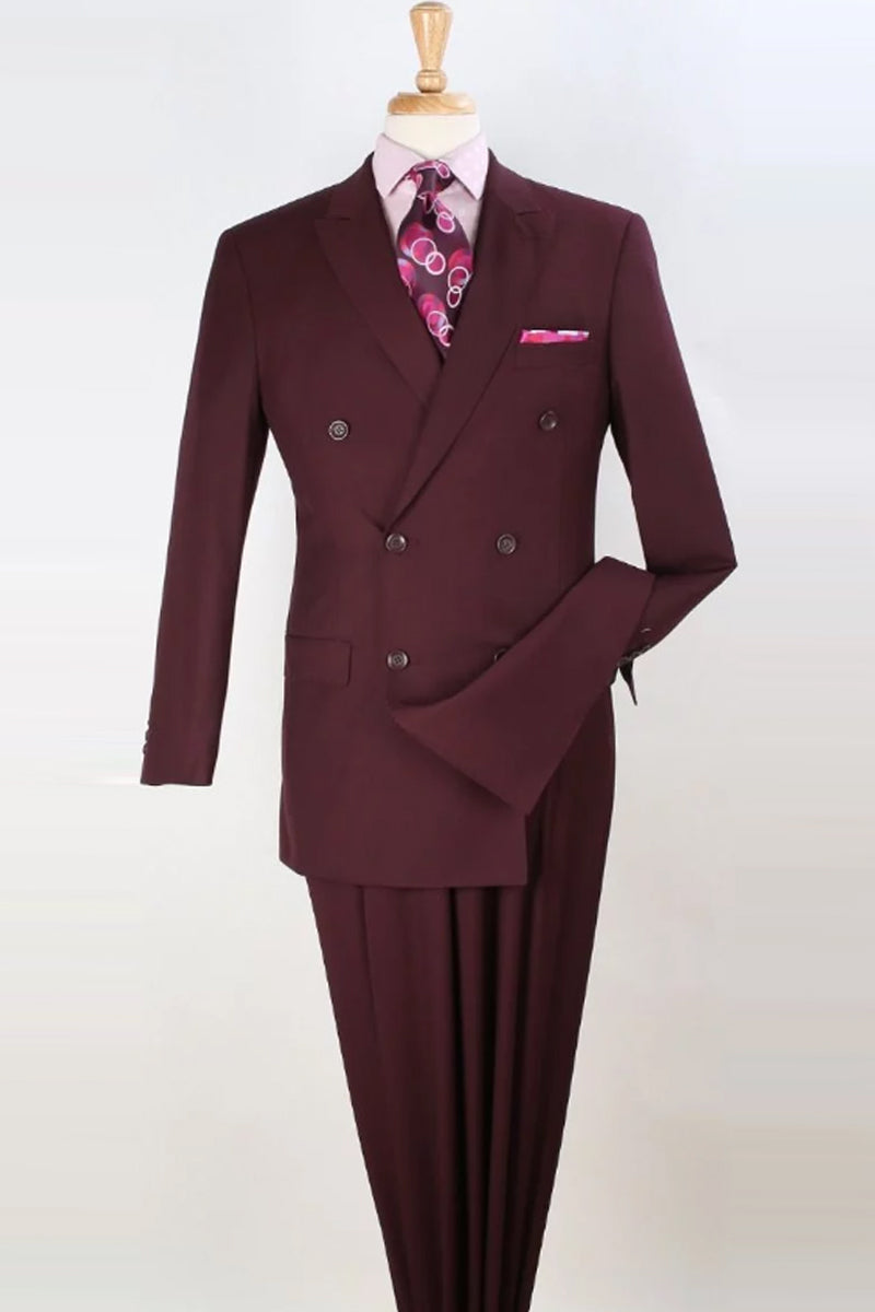 "Burgundy Men's Classic Double Breasted Luxury Wool Feel Suit - Designer Brand" - 36 Regular