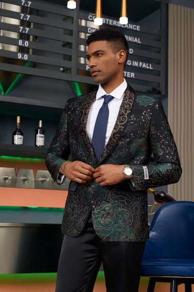 "Stacy Adams Men's Designer Tuxedo Jacket - Prom 2026 & Wedding, Green & Gold Floral Paisley"