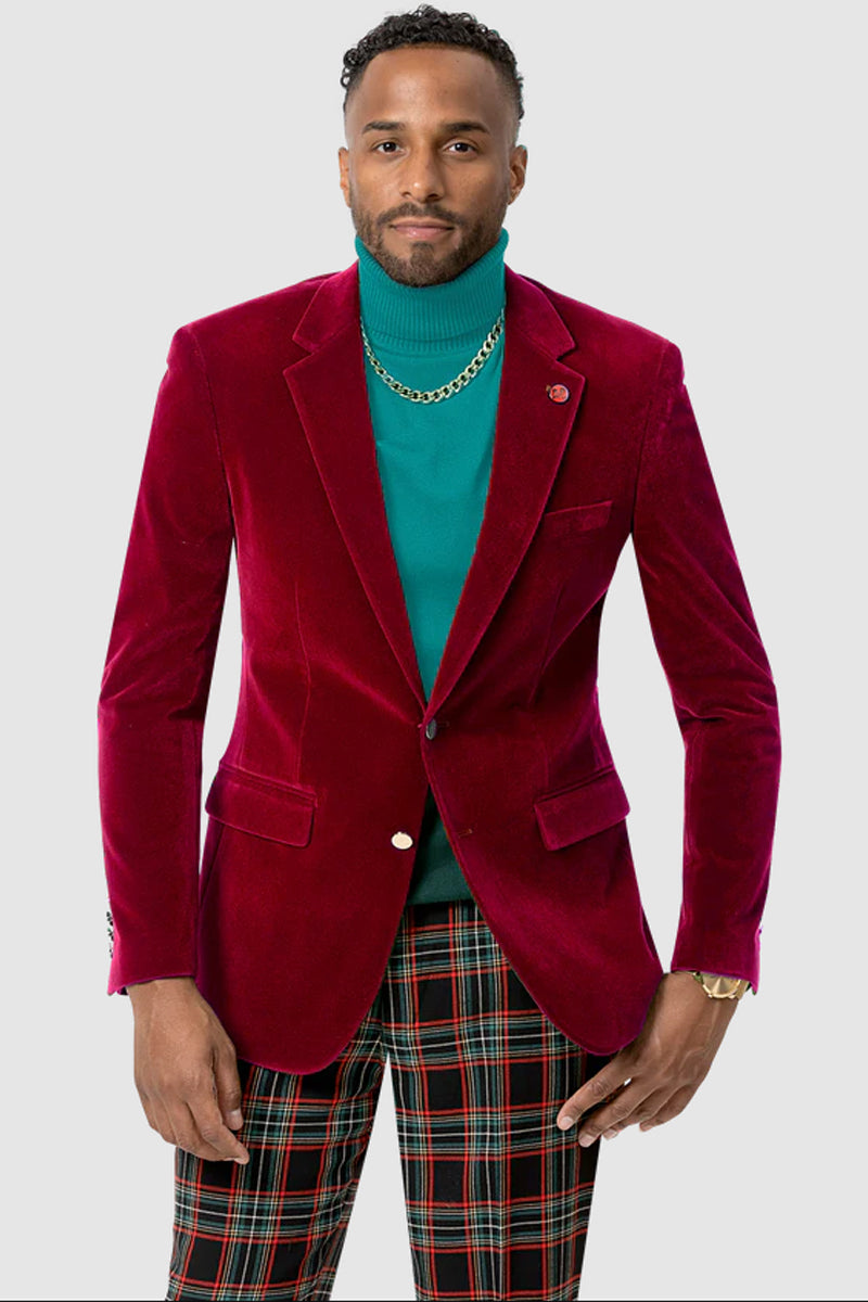 "Red Velvet Blazer for Men - Modern Fit, Two-Button Style"