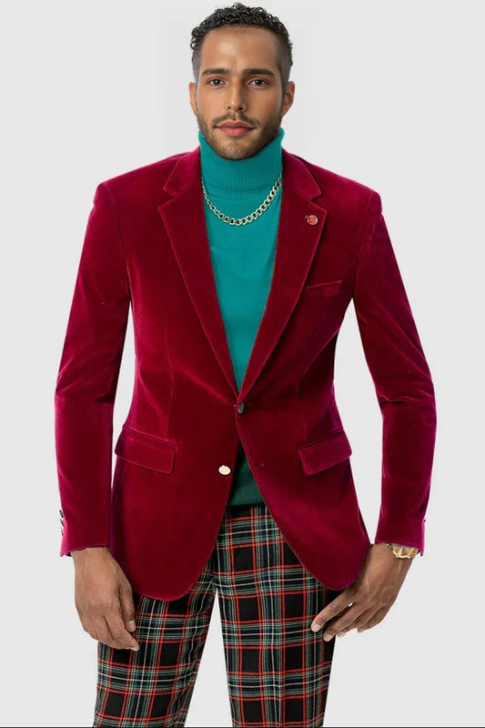 "Red Velvet Blazer for Men - Modern Fit, Two-Button Style"