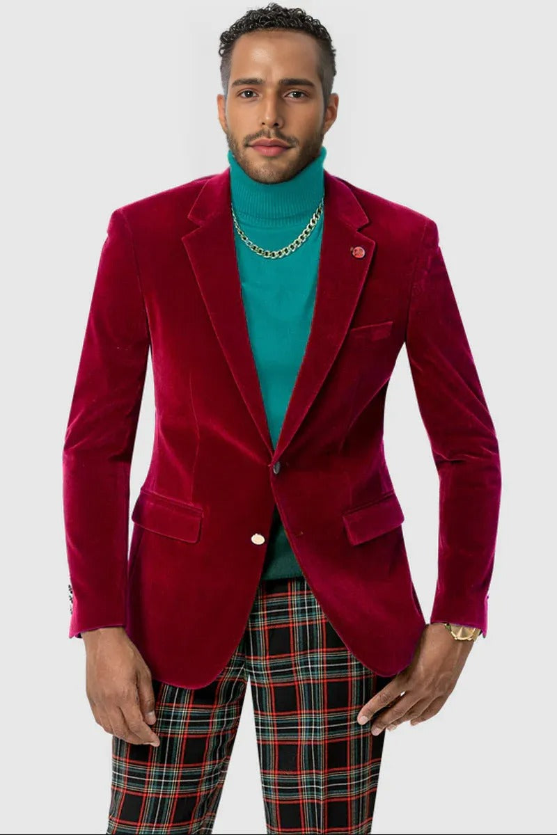 "Red Velvet Blazer for Men - Modern Fit, Two-Button Style" - 34