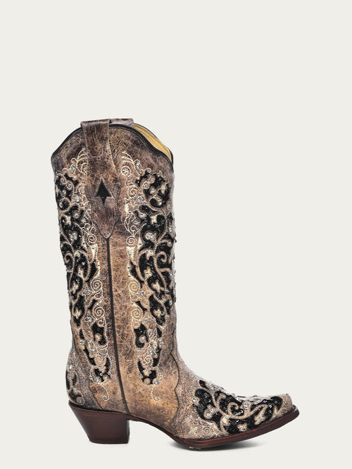 Corral Women's Black Glitter Inlay Crystal Snip Toe Cowboy Boots