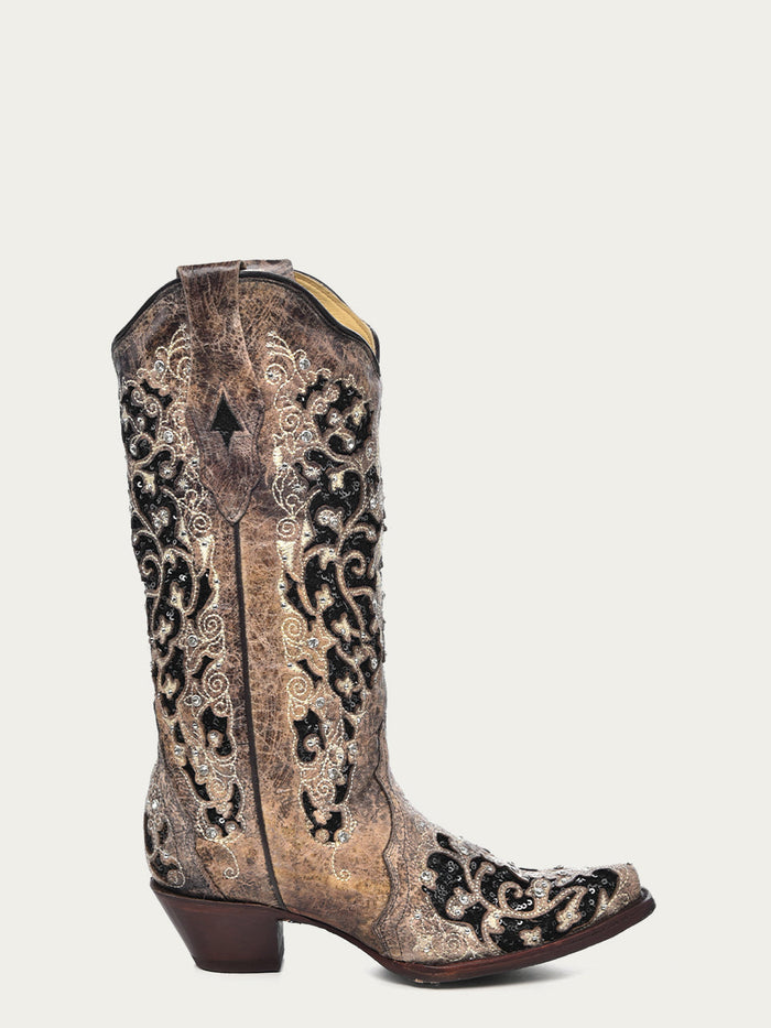 Corral Women's Black Glitter Inlay Crystal Snip Toe Cowboy Boots