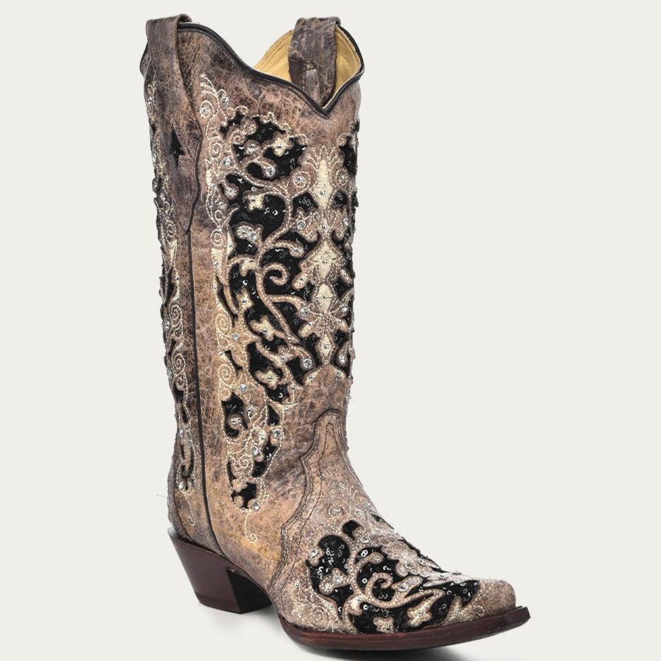 Corral Women's Black Glitter Inlay Crystal Snip Toe Cowboy Boots - 5